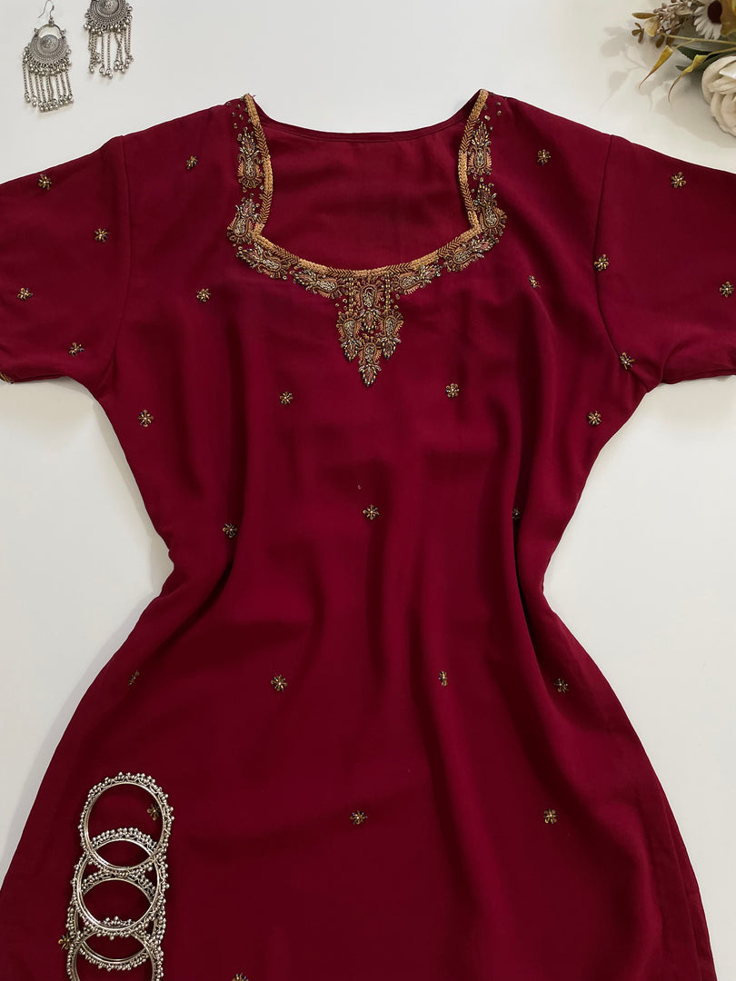 Maroon Hand Embroidered Kurti-Bust 38