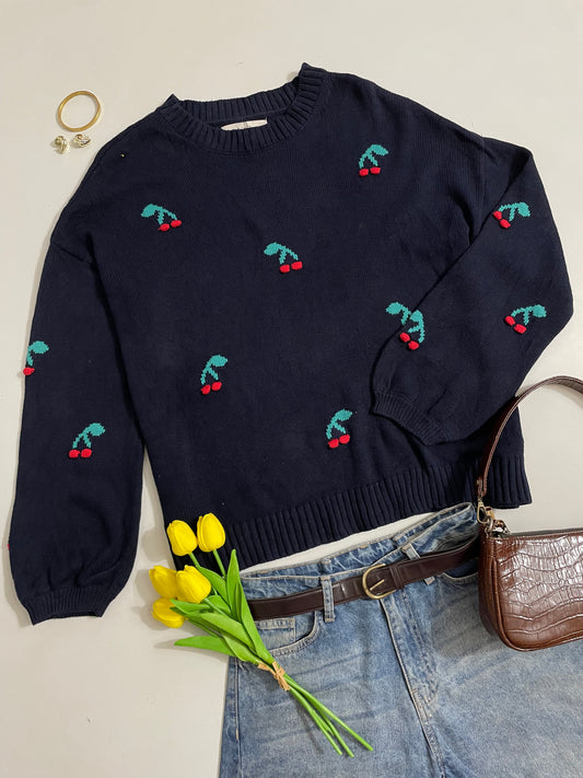 Loft Cherry Embroidered Balloon Sleeve Sweater - Bust 48 to 50