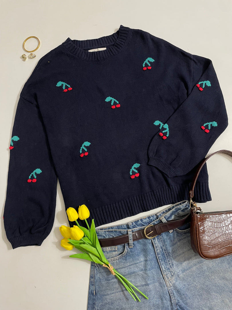 Loft Cherry Embroidered Balloon Sleeve Sweater - Bust 48 to 50