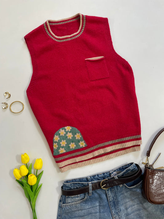 Cherry Red Flower Tree Sweater Vest - Bust 38 to 42